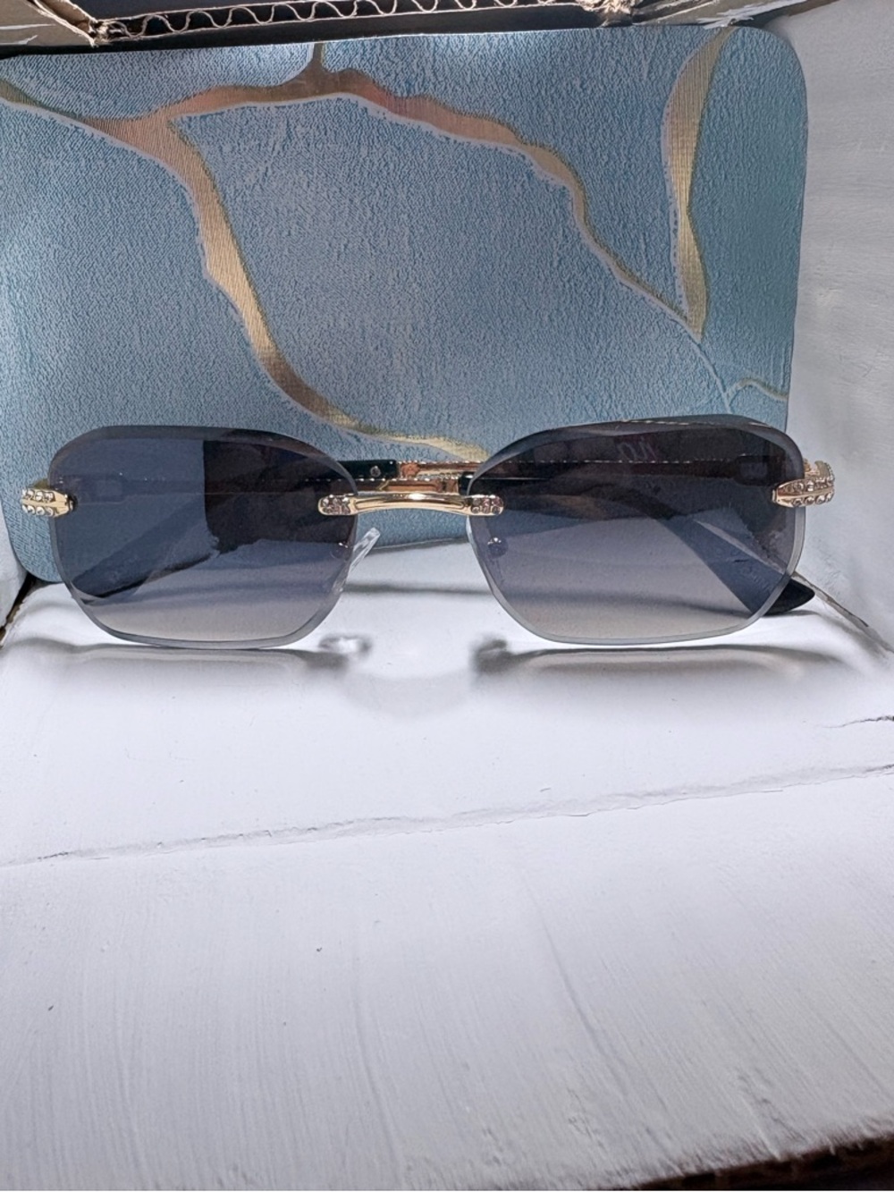 Bling Bling Rimless Gradient Gray Women's Sunglasses with Gold Accents